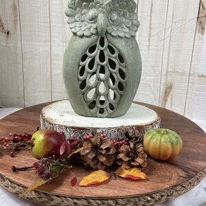 Green and white distressed Owl Decorative candle holder
